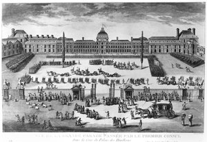 Napoleón Bonaparte (1769-1821) Primer Cónsul, revisando sus tropas en el patio del Palacio de las Tullerías, grabado por Pierre Adrien Le Beau (n.1748)